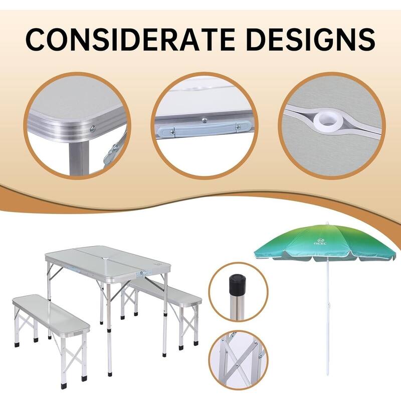 Folding Picnic Table with Umbrella and two Benches for Backyard, Patio, and Outdoor Parties