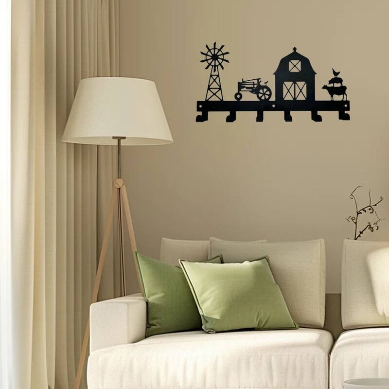 Black Metal Wall-Mounted Towel Hook Rack 6 Hooks Space-Saving Bathroom Storage Organizer - 11.57”L x 6.02”H