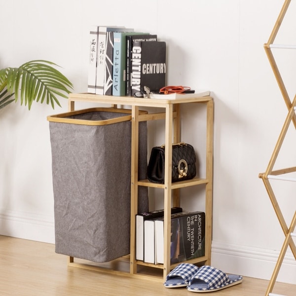Bamboo Freestanding One Bag Laundry Hamper Sorter With Storage