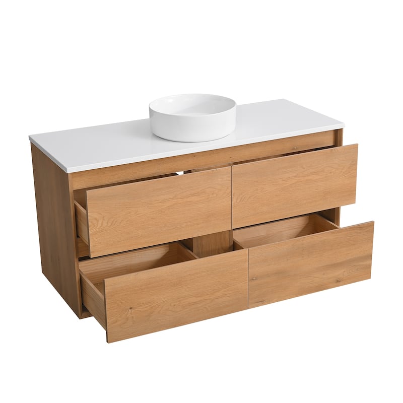 Sylphar 48 inch Toffee Oak Floating Bathroom Vanity with White Quartz Top