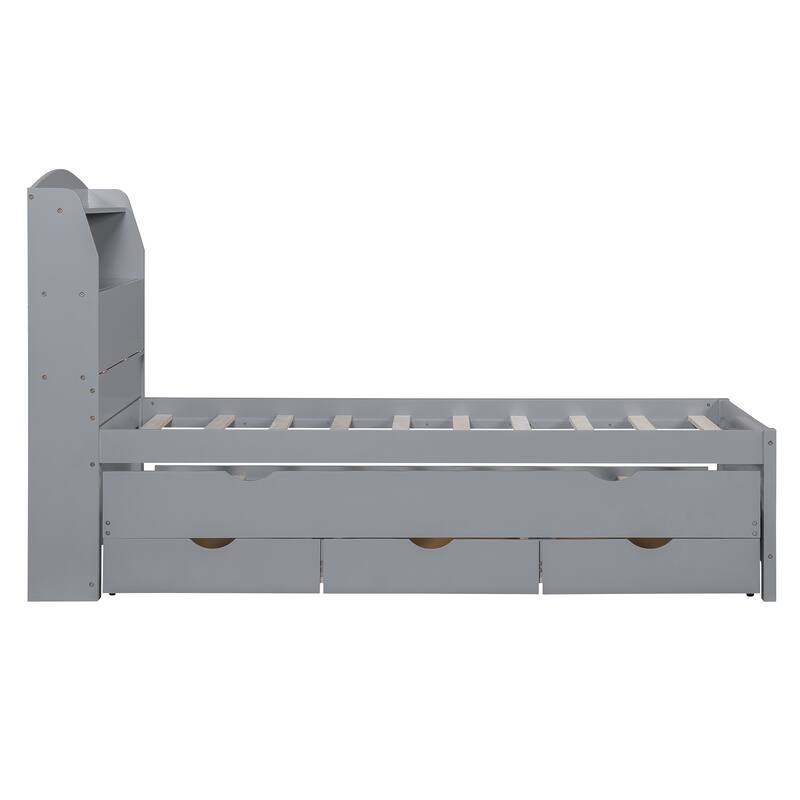 Wooden Platform Bed with Pull Out Trundle Bed and Drawers, All-in-One LED Headboard with Charging Station and Flip Up Storage