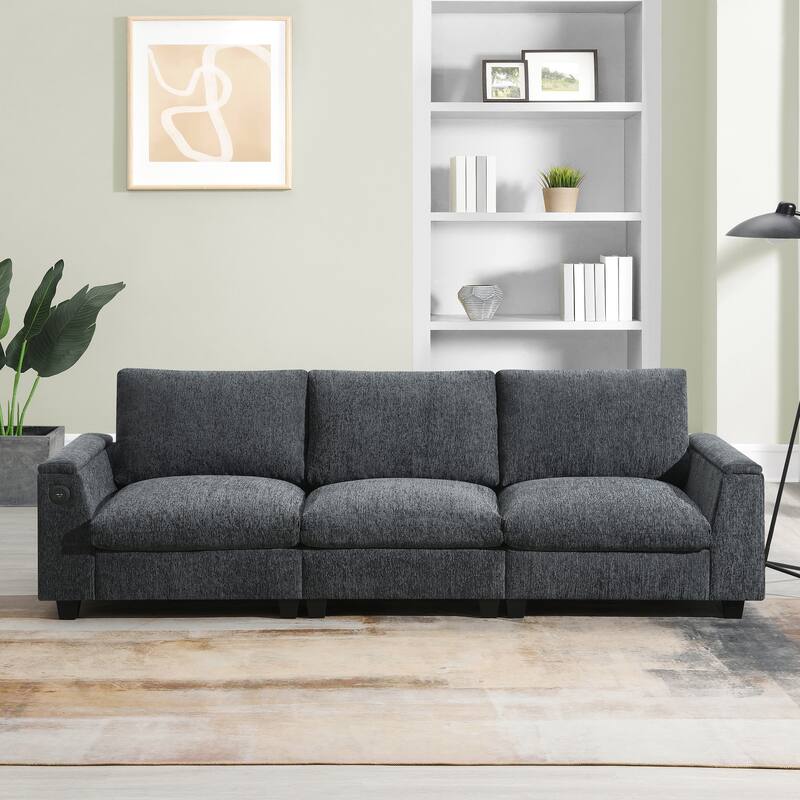 Chenille Sectional Sofa With Bluetooth Speaker,Cloud Couch Set With Drop Down Table,Cup Holders,Usb Charger,Storage Armrest
