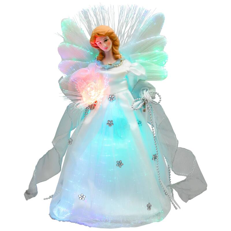 Color-changing Fiber Optic Angel with Rose Christmas Tree Topper - 12" - White