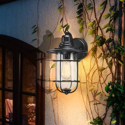 1-Light Black Outdoor Wall Lantern Sconce with Seeded Glass Shade