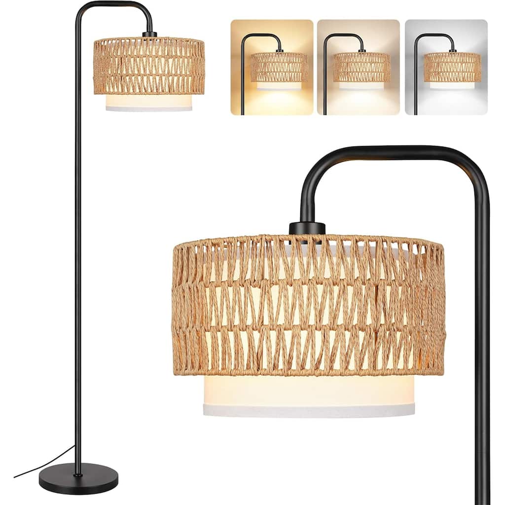 Floor Lamp w/ 3 Color Temperatures and Remote & Dimmable Bulb, Boho Lamp Rattan & Fabric Shades