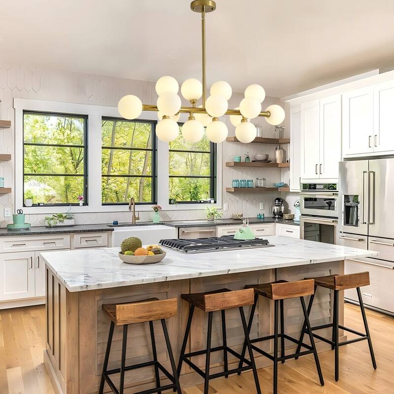Mid-Century Modern Sputnik Chandelier 16-Light Adjustable Brass Pendant with Glass Globes for Dining Rooms - 34.7in