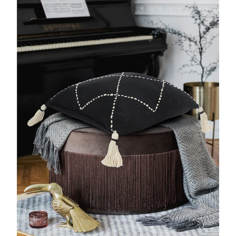 Sevita Black and White Geometric Tasseled Throw Pillow