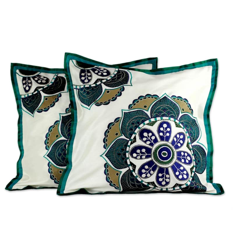 Handmade Teal Bouquet Polyester Applique Cushion Cover Pair (India) - N/A