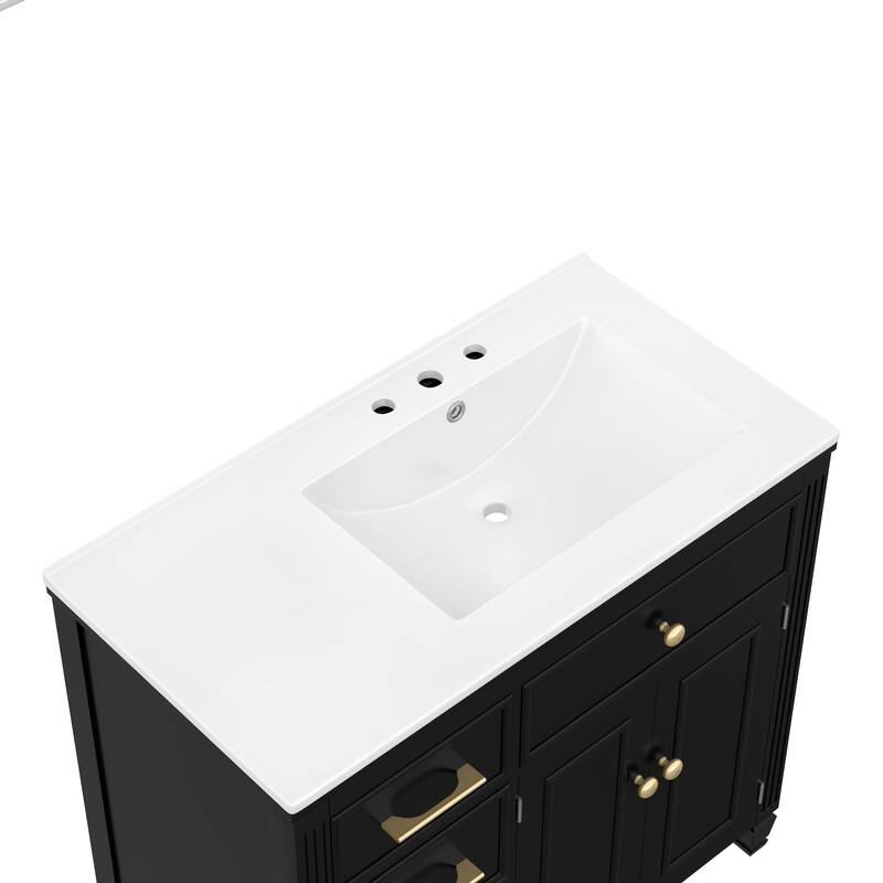 Roomfitters Bathroom Vanity with Sink, Ceramic Basin with One Tip-out Drawer, Three Side Drawers and Adjustable Shelf