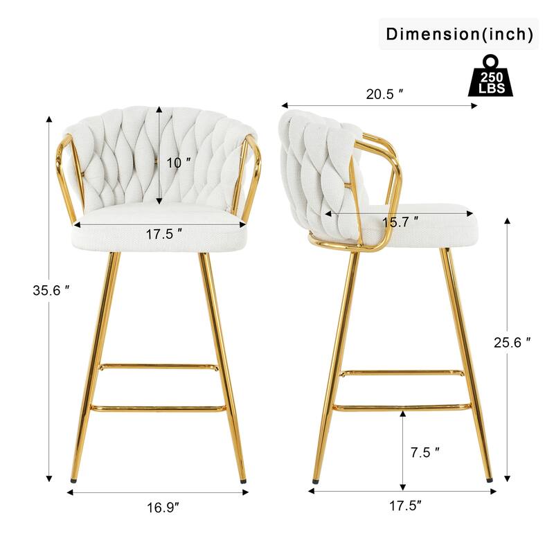 Bar Stools Set of 2, Kitchen Island Bar Chair with Back, Upholstered Low Bar Stools with Footrest and Metal legs