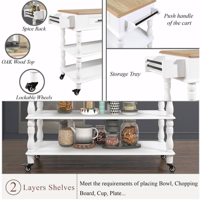 Rolling Kitchen Island Cart with Solid Oak Wood Top, Wine and Spice Rack