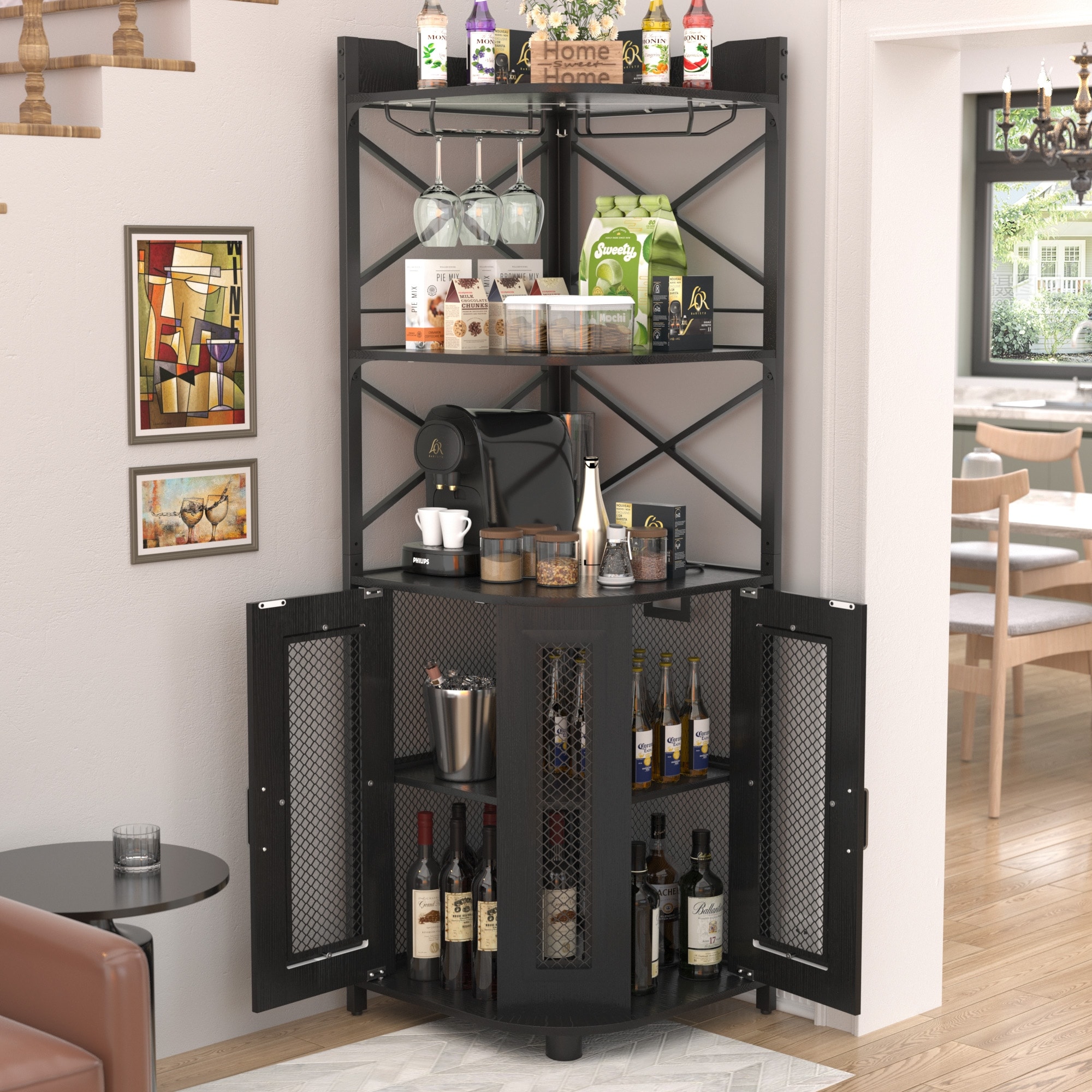 Corner Bar Cabinet with Charging Station and Ambiance Light, Liquor Display Storage Shelves with Glass Holder - Brown