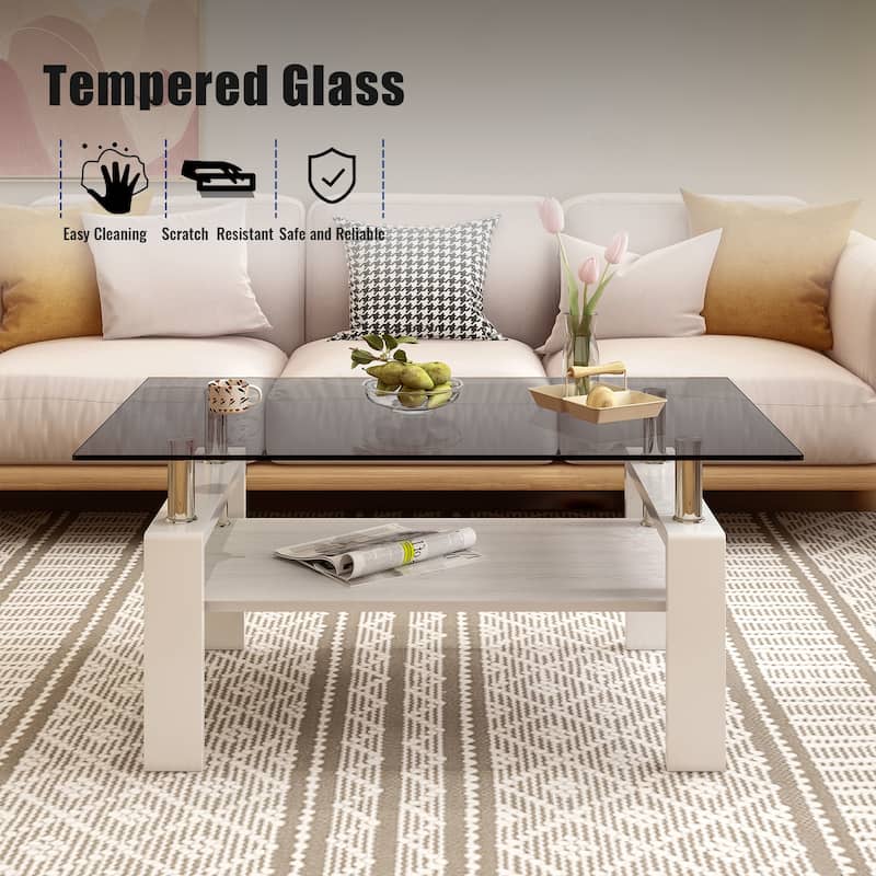 Rectangle Coffee Table, Tempered Glass Tabletop with MDF Layer, Modern Table for Living Room