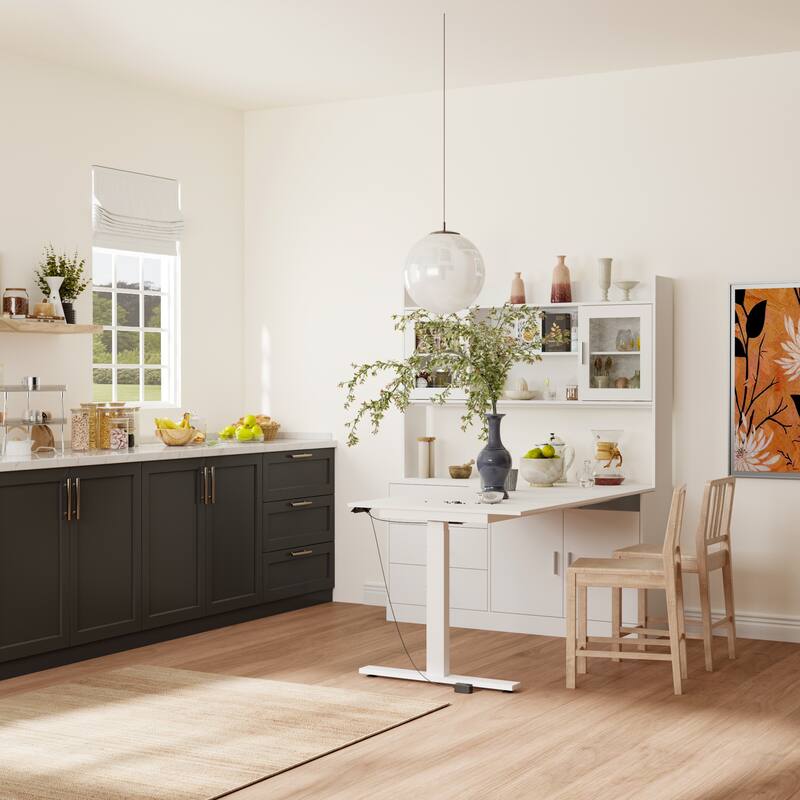 Electric Height Adjustable Standing Desk with Storage Hutch, 68.5” White Home Office Desk with Drawers and Cabinets