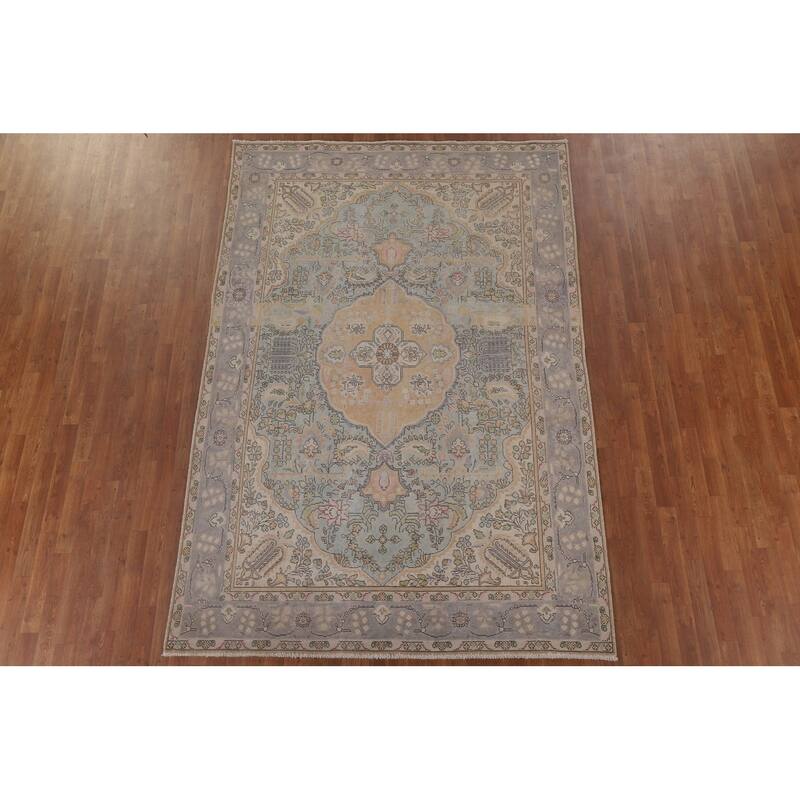 Antique Distressed Tabriz Persian Rug Home Decor Handmade Wool Carpet - 6'5" x 9'7"