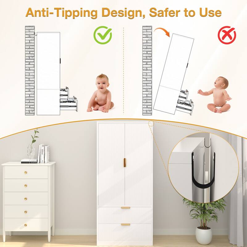 Gymojoy 2 Door Armoire Wardrobe Closet with Drawers, Modern Fluted Bedroom Storage Cabinet