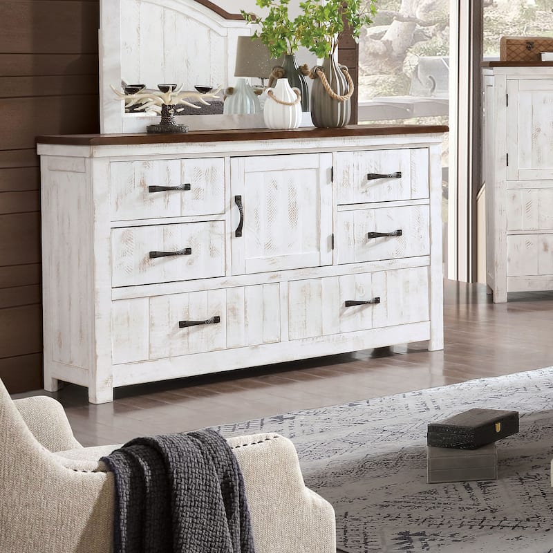 Ynez Transitional Distressed White 56-inch Wide 6-Drawer Wood Dresser by Furniture of America - Distressed White