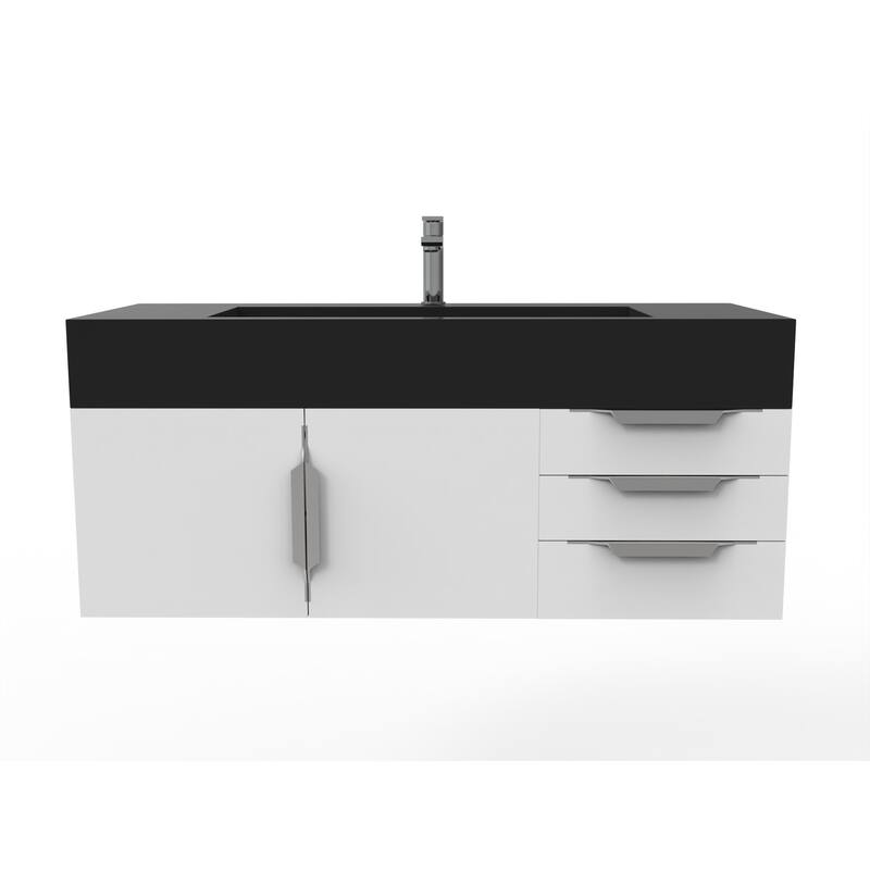 Nile 48" Wall Mounted Bathroom Vanity Set w/ Black Top - White - Brushed Nickel Finish