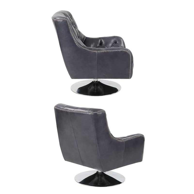 Genuine Leather Swivel Tufted Nailhead Accent Chair Top-grain Leather Lounge Chair and Ottoman Set
