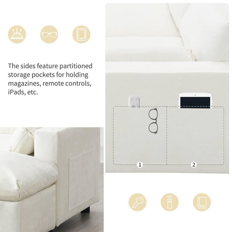 U-Shaped Sectional Sofa with Removable Ottomans, Convertible Sleeper Bed with Storage Pockets, Chenille Upholstered Cloud Couch