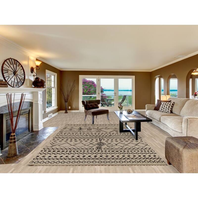 Geometric Beige / Ivory Moroccan Area Rug Hand-Knotted Wool Carpet - 6'9"x 10'11"