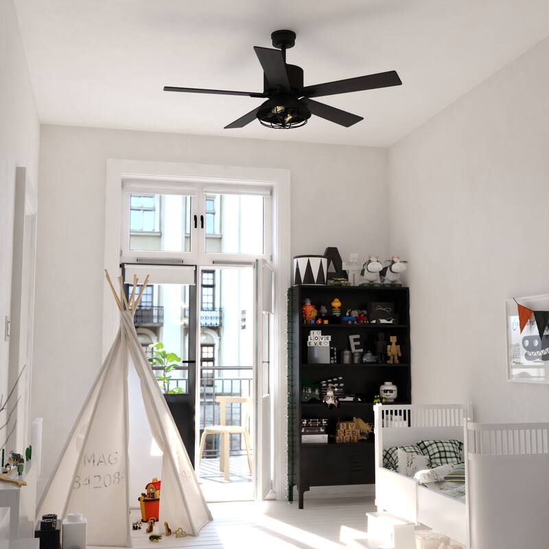 Elkhart 52-in. Black Industrial Indoor Ceiling Fan with LED Cage Light Kit and Remote - 52-in W x 21-in H x 52-in D