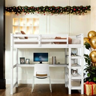 Pine Wood Bunk Bed with Storage Shelves and Under-Bed Desk,Full Size