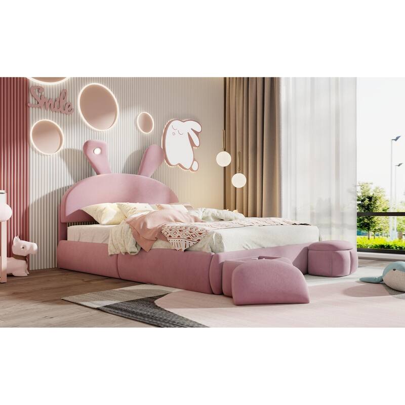 Full Size Upholstered Velvet Platform Bed Frame with Cartoon Ears Shaped Headboard, Light and 2 Small Storage Stools for Bedroom