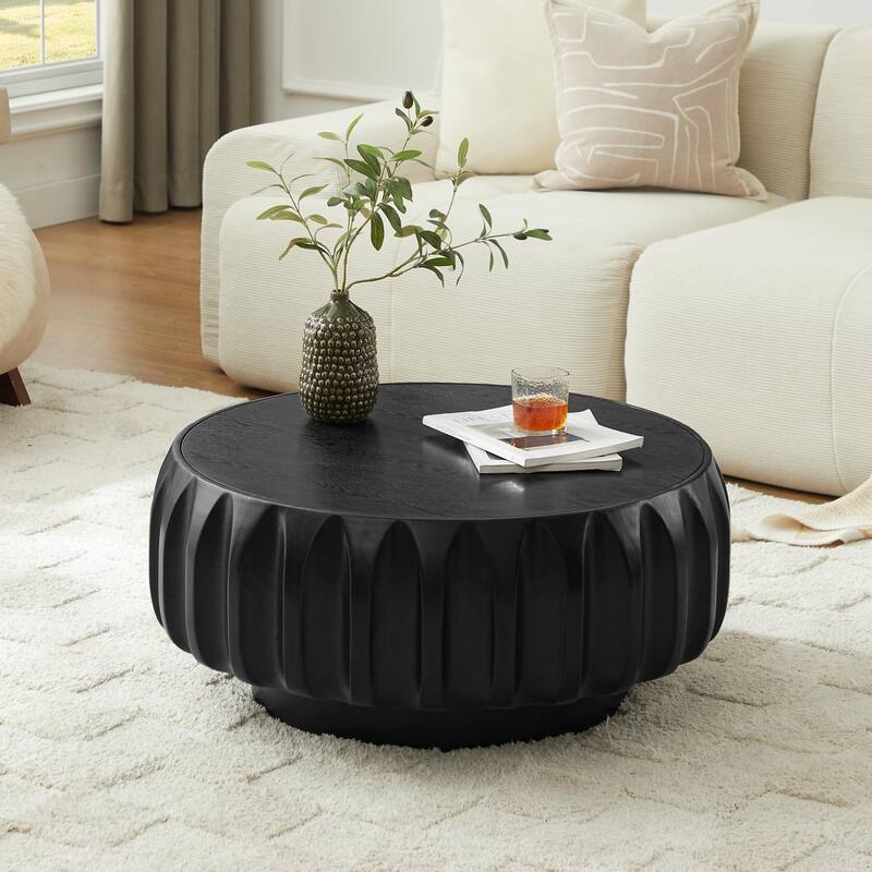 Modern Round Carved Coffee Table, Stylish Solid Wood Coffee Table with Sculpture Design, for Living Room