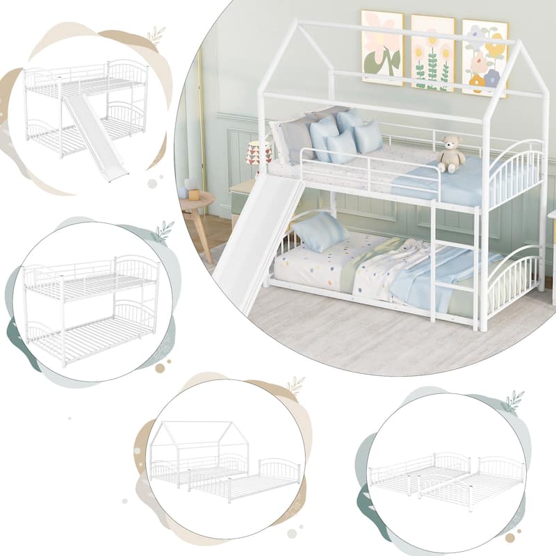 Kids House Bed, Metal Bunk Bed with Slide