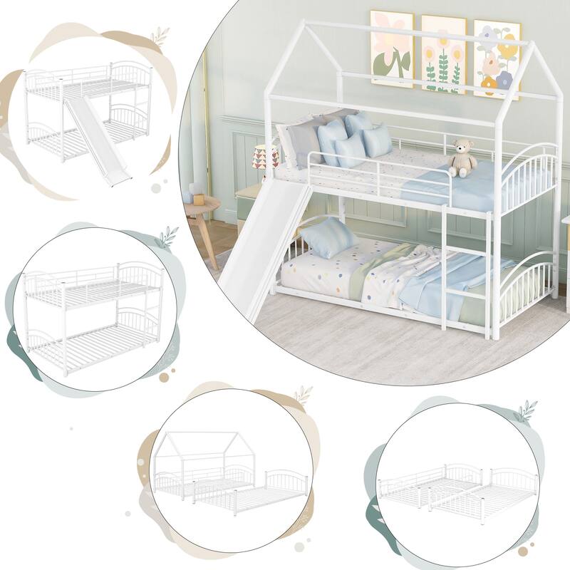 Twin Over Twin Metal Bunk Bed With Slide, Kids House Bed Metal Platform Bed Frame Divided into 2 Beds for Kids Teens Bedroom