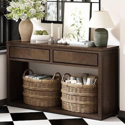 55" Console Table, Rustic Wooden Entryway Table Sofa Table with Storage Drawers and Open Storage Shelf, Hallway Tables