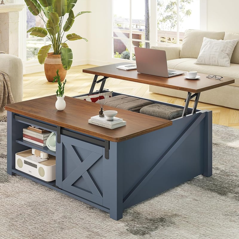 Coffee Table Lift Top Square Center Table Barn Door Adjustable Shelves