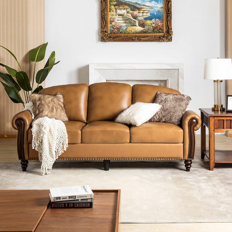 Eduard 84" Traditional Genuine Leather Sofa with Carved Wood Legs by HULALA HOME