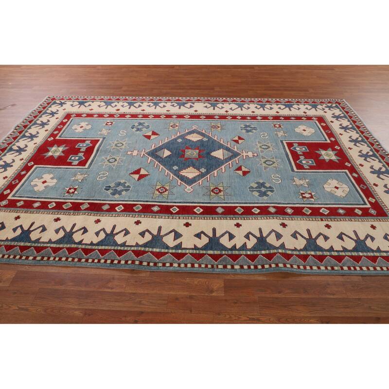 Light Blue Geometric Kazak Area Rug Living Room Handmade Wool Carpet - 6'4" x 9'10"