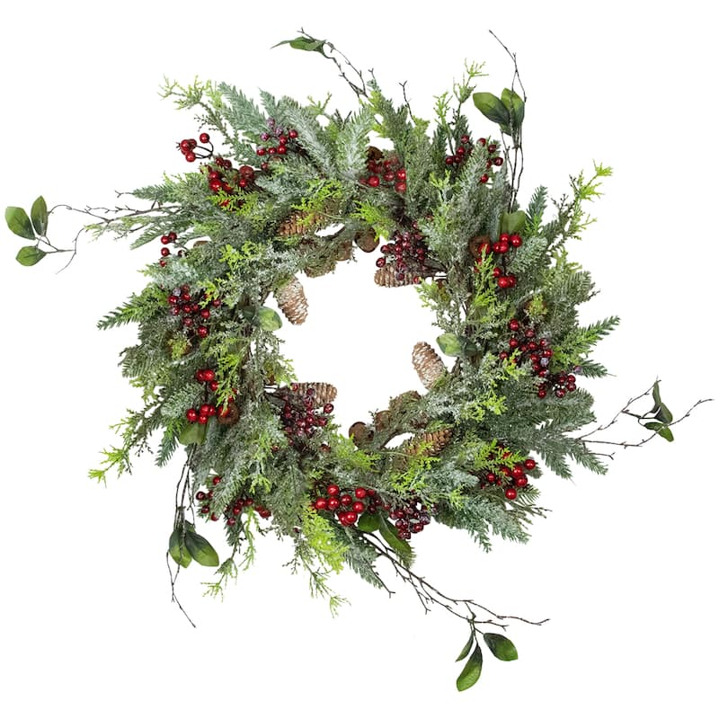 Frosted Pine and Berry Artificial Christmas Wreath 25-Inch Unlit - 25"