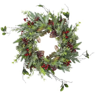 Frosted Pine and Berry Artificial Christmas Wreath 25-Inch Unlit - 25"