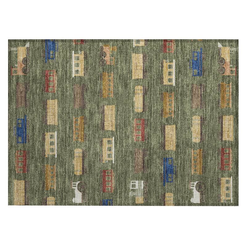 Machine Washable Indoor/ Outdoor Modern Train Chantille Rug