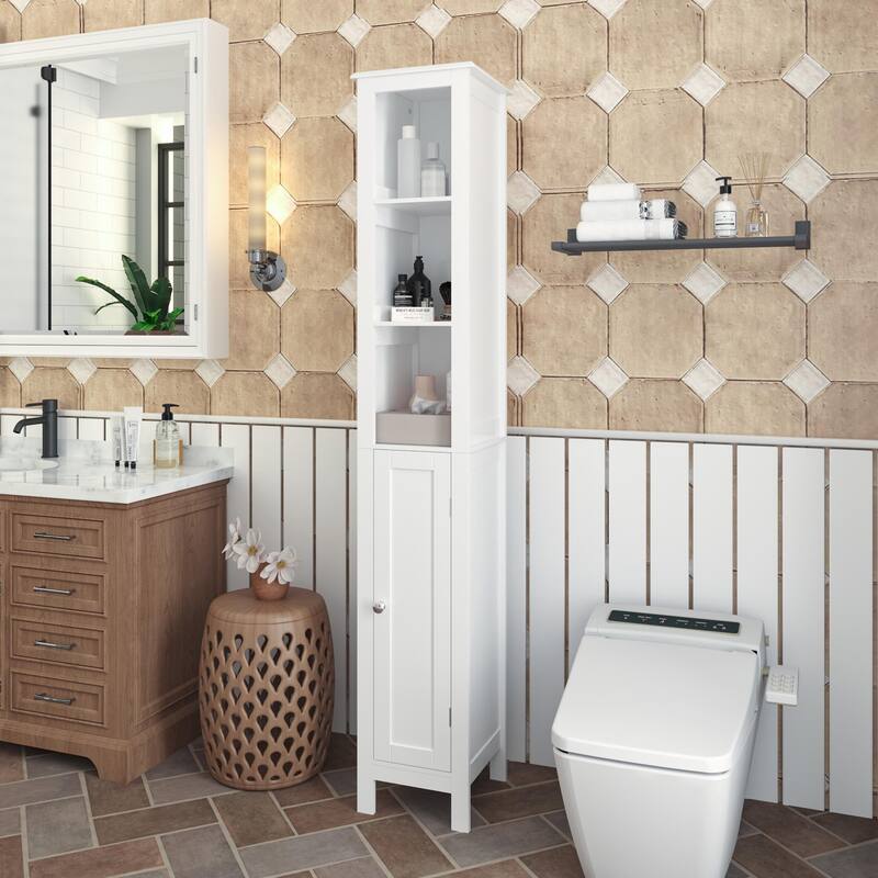 66.92" Tall Storage Cabinet for Bathroom w/ Adjustable Shelves,Slim 1 Doors Freestanding Cabinet w/ Anti-Tip, Open Compartments