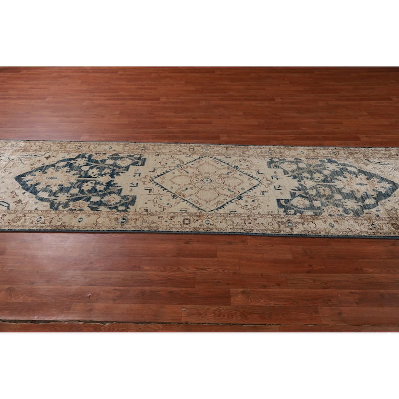 Hand Knotted Oriental 100% Wool Carpet Transitional All-Over Beige & Ivories Oushak Runner Rug - 11' 7'' X 2' 10''