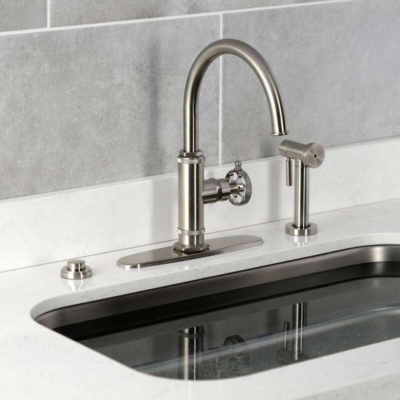 Kingston Brass Webb Single-Handle 1-Hole Deck Mount Kitchen Faucet with Knurled Handle and Brass Side Sprayer