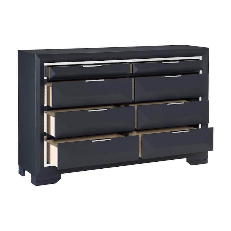 Rosy 60 Inch Dresser, 8 Drawers, Chrome Metal Accents, Midnight Blue Wood