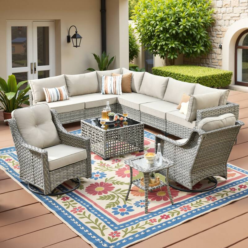 HOOOWOOO 10-piece Wicker Patio Furniture Set Sectional Sofa with Swivel Chair - Beige