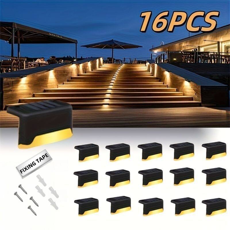 Warm light 16PCS Solar Deck Lights Outdoor - Black
