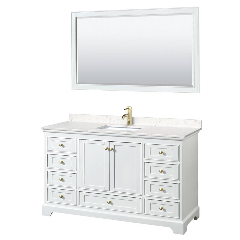 Deborah 60-inch Single Vanity, Cultured Marble Top, 58-inch Mirror - White, Gold Trim, Carrara Cultured Marble Top