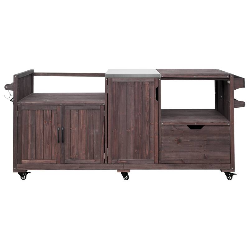 80.5" Solid Wood Outdoor Kitchen Island with Stainless Steel Top, Grill Cart Compatible with Big Green Egg & Blackstone