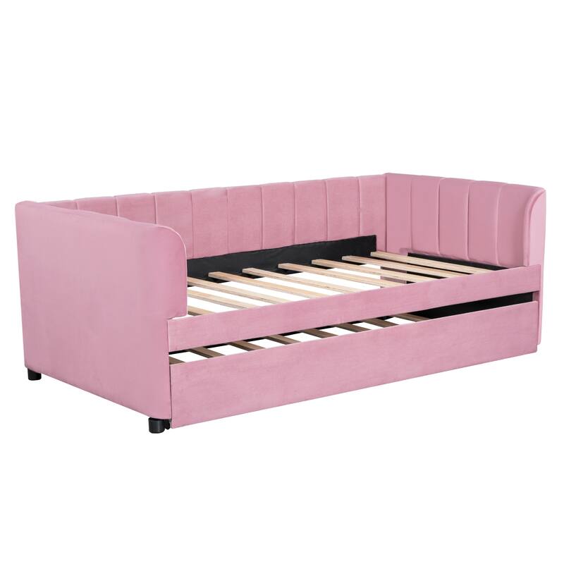 Twin Size Daybed Velvet Upholstered Sofa Bed with Trundle, Wood Platform Slat Support Bed Frame, Striped Tufted Backrest