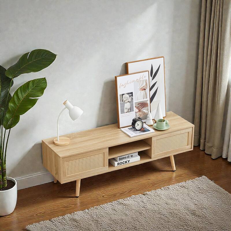 55" Rattan TV Stand with Sliding Doors, Mid Century Media Console with Adjustable Shelf & Solid Wood Legs for Living Room