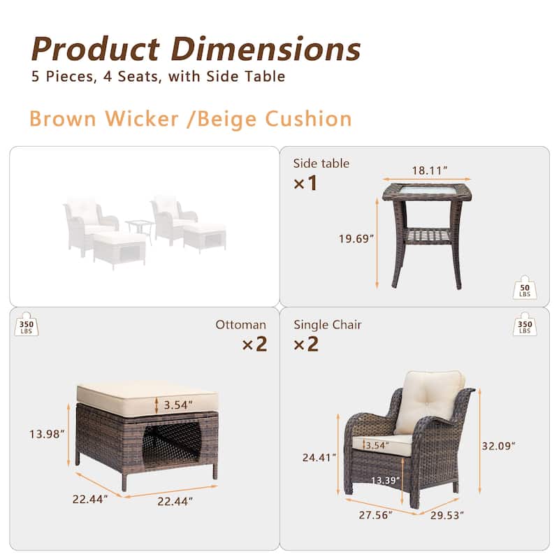 Brown Wicker Outdoor Patio Furniture Seating Sets with Beige Cushions