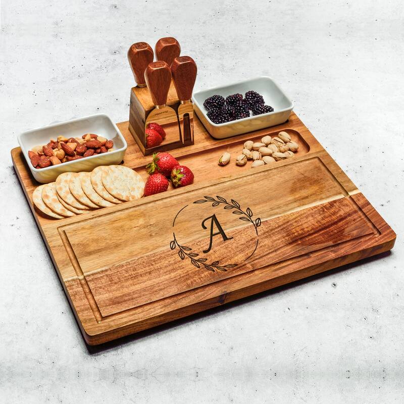 Picnic at Ascot Personalized Large Acacia Charcuterie Board Set with Bowls & Cheese Tools - A